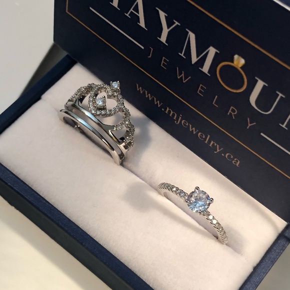 925 Sterling Silver Crown CZ Engagement Ring Set - Picture 6 of 14